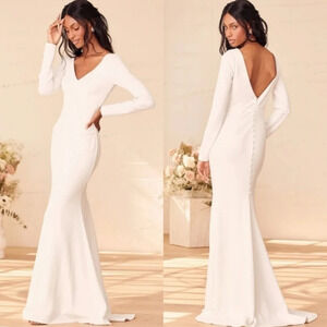 Lulus Feeling of Forever White Long Sleeve Mermaid Maxi Dress Wedding Bride